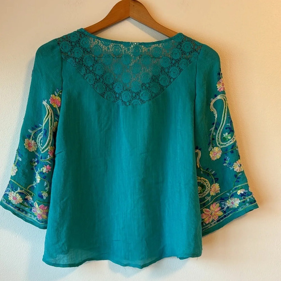 Fig and Flower Embroidered Sleeve Turquoise Flowy Rayon VNeck Lightweight Sz PS - Picture 6 of 15